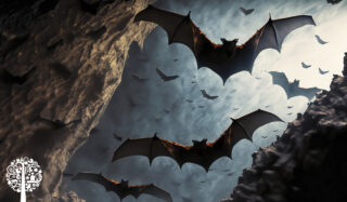 A large collection of bats glide across a spooky night sky.